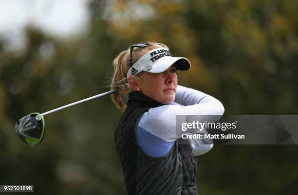 Jessica Korda watches her tee shot on the second hole during the third round of the Mediheal Championship at Lake Merced Golf Club on April 28, 2018...