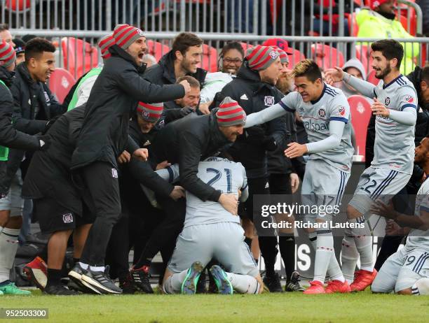 April 28 In second half action, with only seconds to go in the game, Chicago mobs Alan Gordon who scored the tying goal. Toronto FC tied the Chicago...