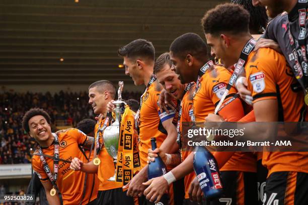 Wolverhampton Wanderers players celebrate winning the EFL Sky Bet Championship during the Sky Bet Championship match between Wolverhampton Wanderers...