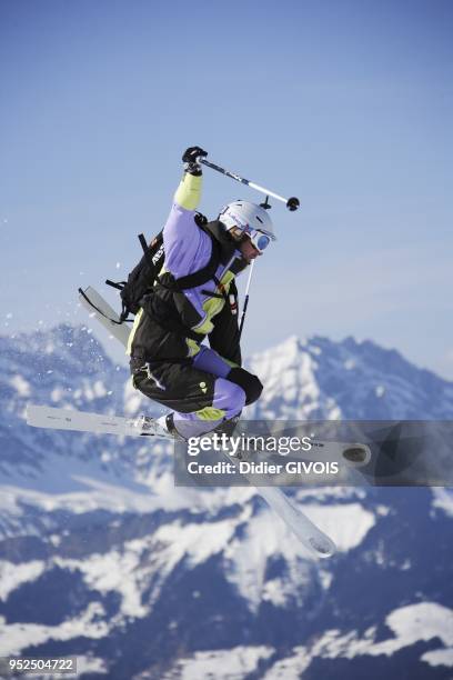 FREERIDING IN VAL D'ARLY ESPACE DIAMANT MONT BLANC IN BACKGROUND HAUTE SAVOIE FRANCE.