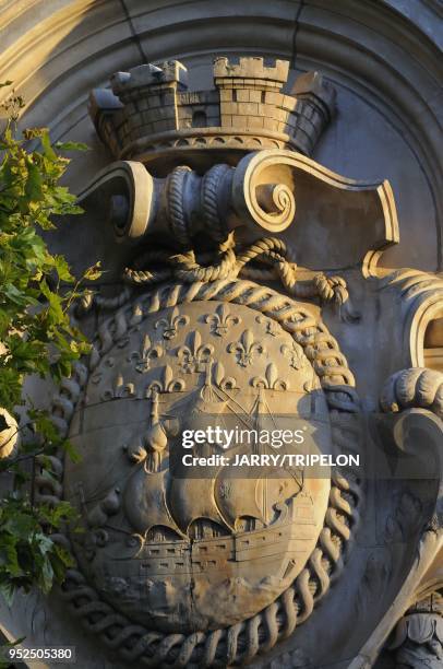 An architectural detail of the subway in Boulevard de La Chapelle representing the arms of the city of Paris, Goutte d Or district in the 18 th...