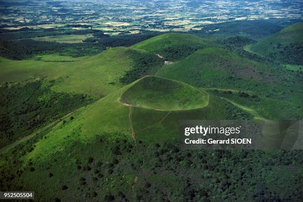 Puy de Dome, aerial view of the mountains of the puy de Dome in the regional natural park of Auvergne volcanoes, Auvergne, France.