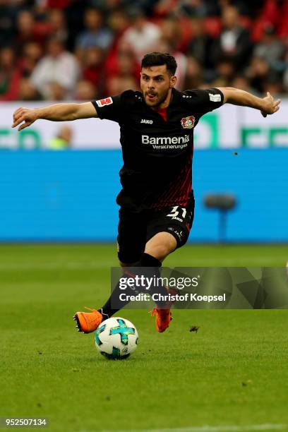 Kevin Volland of Leverkusen runs with the ball during the Bundesliga match between Bayer 04 Leverkusen and VfB Stuttgart at BayArena on April 28,...