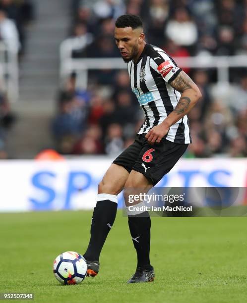 Jamaal Lascelles of Newcastle United controls the ball during the Premier League match between Newcastle United and West Bromwich Albion at St. James...