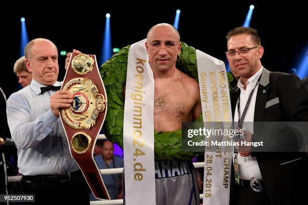 Arthur Abraham of Germany celebrates after winning the WBO international super middleweight title fight between Arthur Abraham and Patrick Nielsen at...