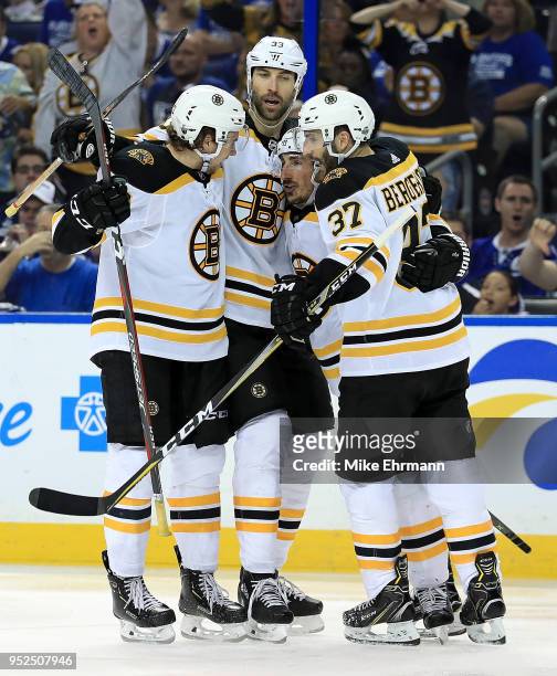 Brad Marchand of the Boston Bruins celebrates a goal during Game One of the Eastern Conference Second Round against the Tampa Bay Lightning during...