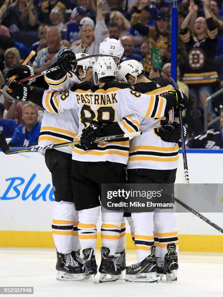 Brad Marchand of the Boston Bruins celebrates a goal during Game One of the Eastern Conference Second Round against the Tampa Bay Lightning during...