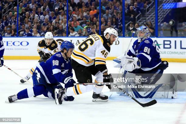 Andrei Vasilevskiy of the Tampa Bay Lightning stops a shot from David Krejci of the Boston Bruins during Game One of the Eastern Conference Second...