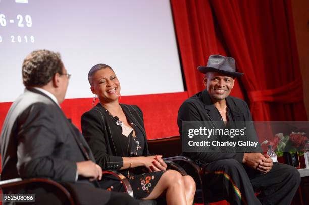 Writer Donald Bogle, Professor of Cinema and Media Studies at the University of Chicago, Jacqueline Stewart and Actor Mario Van Peebles speak at the...