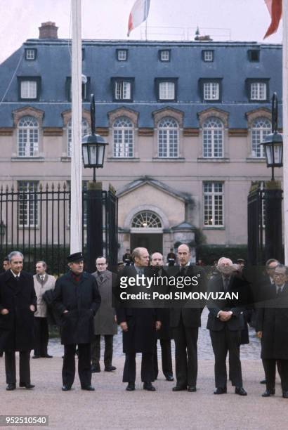 Helmut Schmidt, Gerald Ford, Valery Giscard d'Estaing et Henry Kissinger lors du sommet de Rambouillet en novembre 1975, France.