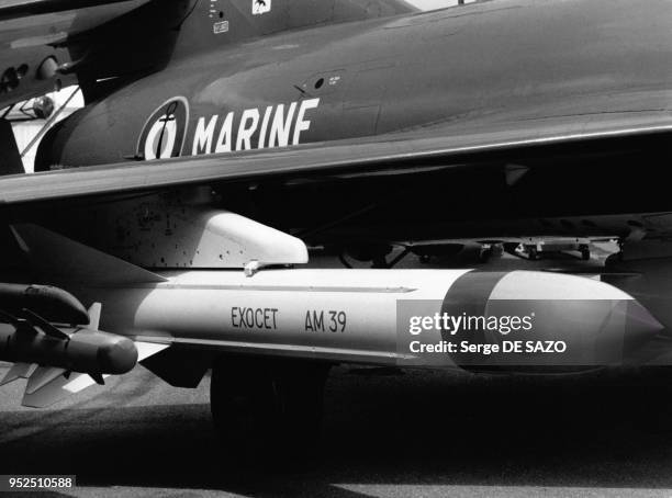 Missile ?Exocet? au Salon international de l'aéronautique et de l'espace de Paris-Le Bourget, en 1987, France.