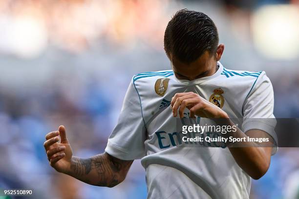 Dani Ceballos of Real Madrid reacts during the La Liga match between Real Madrid and Leganes at Estadio Santiago Bernabeu on April 28, 2018 in...