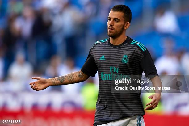 Dani Ceballos of Real Madrid warms up prior to the La Liga match between Real Madrid and Leganes at Estadio Santiago Bernabeu on April 28, 2018 in...