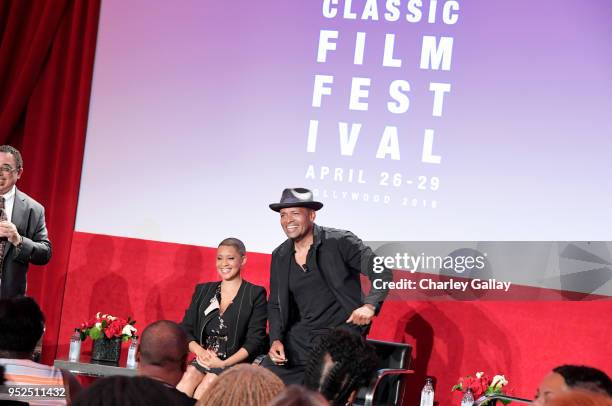 Writer Donald Bogle, Professor of Cinema and Media Studies at the University of Chicago, Jacqueline Stewart and Actor Mario Van Peebles speak at the...