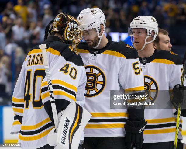 Goalie Tuukka Rask and Adam McQuaid of the Boston Bruins celebrate the win after Game One of the Eastern Conference Second Round during the 2018 NHL...