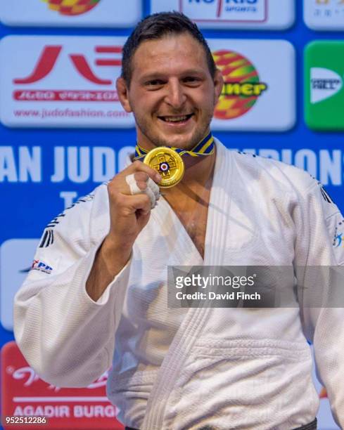 Rio Olympic champion, Lukas Krpalek of the Czech Republic, proudly shows his over 100kg gold medal during day three of the 2018 Tel Aviv European...