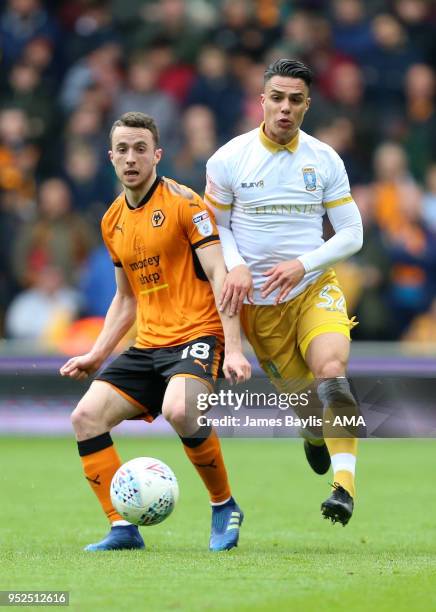 Diogo Jota of Wolverhampton Wanderers and Joel Pelupessy of Sheffield Wednesday during the Sky Bet Championship match between Wolverhampton Wanderers...