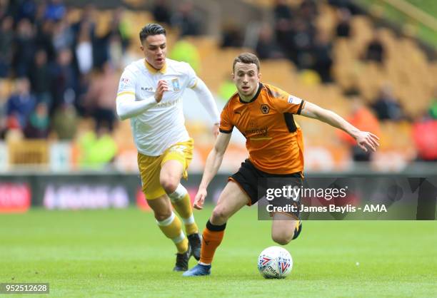 Diogo Jota of Wolverhampton Wanderers and Joel Pelupessy of Sheffield Wednesday during the Sky Bet Championship match between Wolverhampton Wanderers...