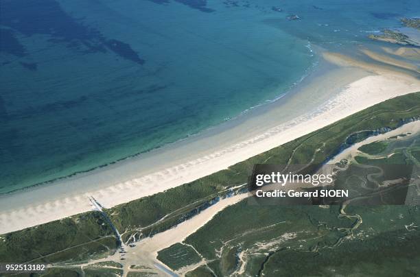 Finistere aerial view of the sand dunes of Goulven ornithological reserve, Brittany, France.
