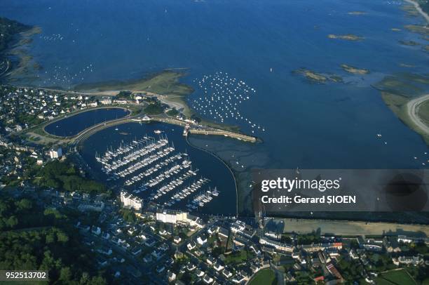 Cotes d Armor aerial view of the Granit rose coast, Perros Guirec, Brittany, France.