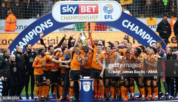 Wolverhampton Wanderers players lift the EFL Sky Bet Championship trophy after the Sky Bet Championship match between Wolverhampton Wanderers and...