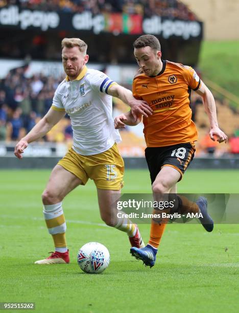 Tom Lees of Sheffield Wednesday and Diogo Jota of Wolverhampton Wanderers during the Sky Bet Championship match between Wolverhampton Wanderers and...