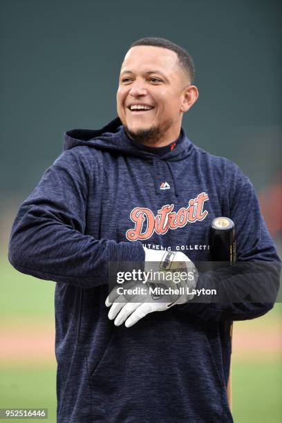 Miguel Cabrera of the Detroit Tigers looks on during batting practice of a baseball game against the Baltimore Orioles at Oriole Park at Camden Yards...