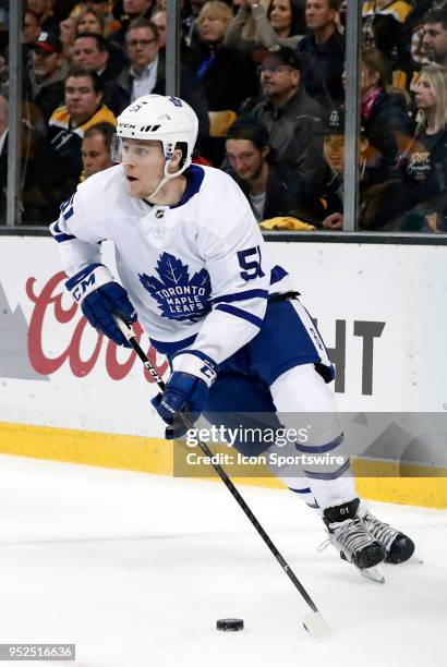 Toronto Maple Leafs defenseman Jake Gardiner turns up ice during Game 5 of the First Round for the 2018 Stanley Cup Playoffs between the Boston...