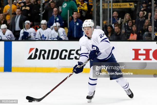 Toronto Maple Leafs right wing Kasperi Kapanen passes during Game 5 of the First Round for the 2018 Stanley Cup Playoffs between the Boston Bruins...