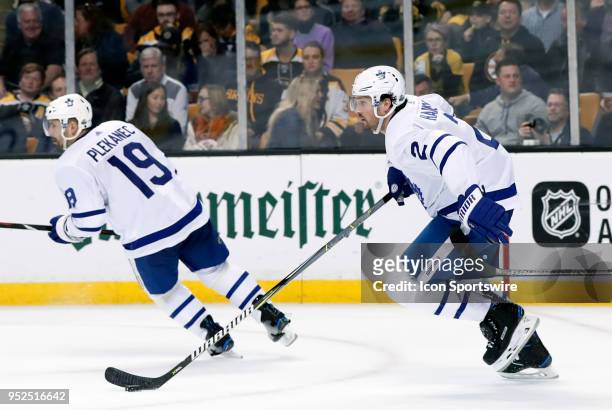 Toronto Maple Leafs defenseman Ron Hainsey starts a rush up ice during Game 5 of the First Round for the 2018 Stanley Cup Playoffs between the Boston...