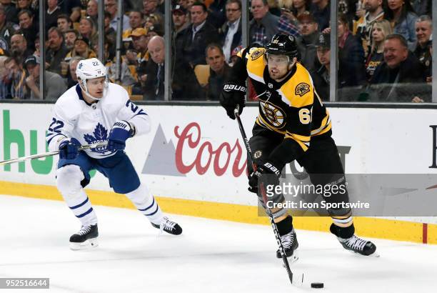 Boston Bruins right wing Rick Nash watched by Toronto Maple Leafs defenseman Nikita Zaitsev during Game 5 of the First Round for the 2018 Stanley Cup...