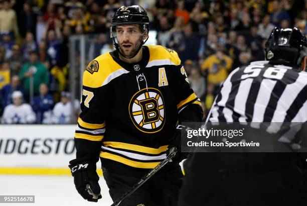 Boston Bruins center Patrice Bergeron during Game 5 of the First Round for the 2018 Stanley Cup Playoffs between the Boston Bruins and the Toronto...