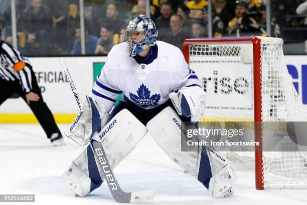 Toronto Maple Leafs goalie Frederik Andersen eyes a face off during Game 5 of the First Round for the 2018 Stanley Cup Playoffs between the Boston...