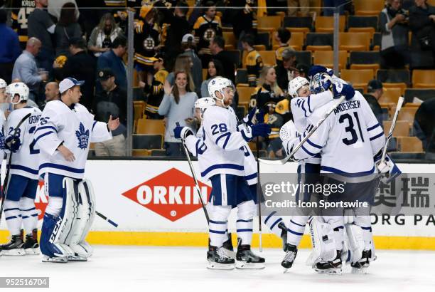 Toronto congratulates Toronto Maple Leafs goalie Frederik Andersen during Game 5 of the First Round for the 2018 Stanley Cup Playoffs between the...