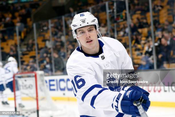 Toronto Maple Leafs right wing Mitchell Marner before Game 5 of the First Round for the 2018 Stanley Cup Playoffs between the Boston Bruins and the...
