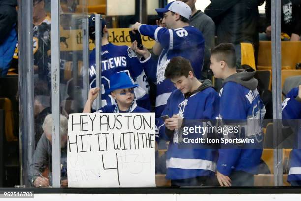 Young fan with a sign for Toronto Maple Leafs center Auston Matthews before Game 5 of the First Round for the 2018 Stanley Cup Playoffs between the...