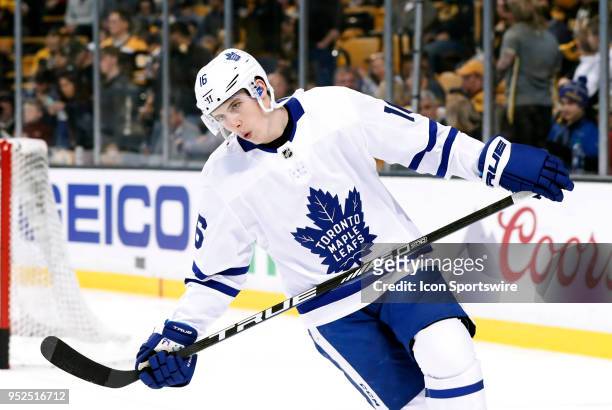 Toronto Maple Leafs right wing Mitchell Marner before Game 5 of the First Round for the 2018 Stanley Cup Playoffs between the Boston Bruins and the...