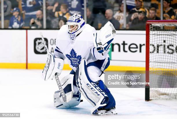 Toronto Maple Leafs goalie Curtis McElhinney makes a save before Game 5 of the First Round for the 2018 Stanley Cup Playoffs between the Boston...