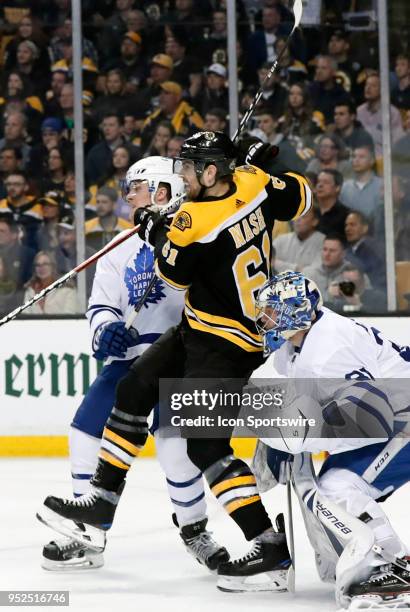 Toronto Maple Leafs defenseman Jake Gardiner and Boston Bruins right wing Rick Nash fox it up during Game 5 of the First Round for the 2018 Stanley...