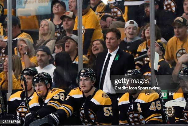 Boston Bruins head coach Bruce Cassidy during Game 5 of the First Round for the 2018 Stanley Cup Playoffs between the Boston Bruins and the Toronto...