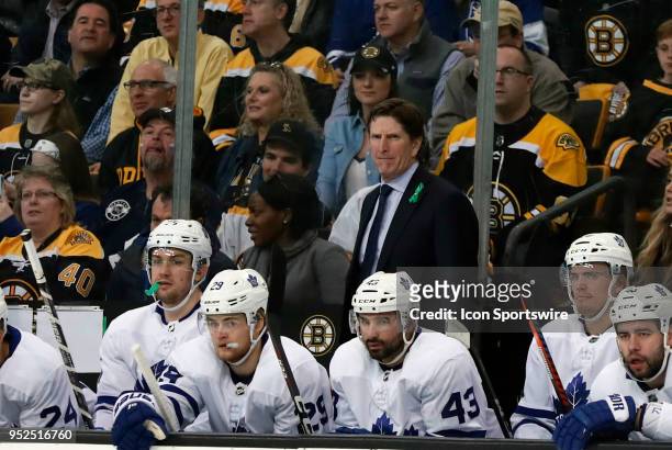Toronto Maple Leafs head coach Mike Babcock during Game 5 of the First Round for the 2018 Stanley Cup Playoffs between the Boston Bruins and the...