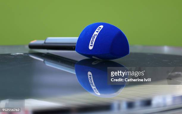 Sport television microphone prior to the Premier League match between Swansea City and Chelsea at Liberty Stadium on April 28, 2018 in Swansea, Wales.