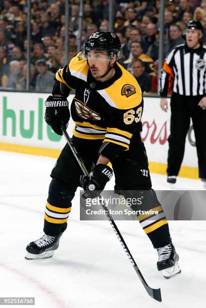 Boston Bruins left wing Brad Marchand sets up on the power play during Game 5 of the First Round for the 2018 Stanley Cup Playoffs between the Boston...