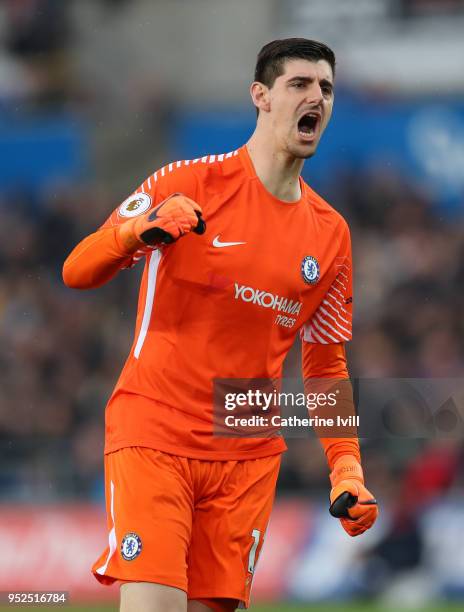 Chelsea goalkeeper Thibaut Courtois celebrates during the Premier League match between Swansea City and Chelsea at Liberty Stadium on April 28, 2018...