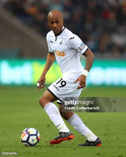 Andrew Ayew of Swansea City during the Premier League match between Swansea City and Chelsea at Liberty Stadium on April 28, 2018 in Swansea, Wales.