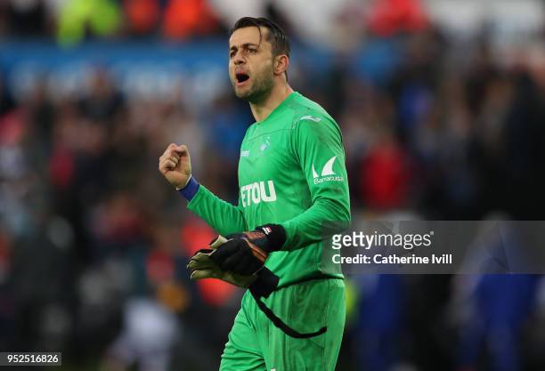 Lukasz Fabianski of Swansea City during the Premier League match between Swansea City and Chelsea at Liberty Stadium on April 28, 2018 in Swansea,...