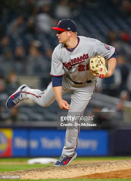 Tyler Duffey of the Minnesota Twins in action against the New York Yankees at Yankee Stadium on April 24, 2018 in the Bronx borough of New York City....