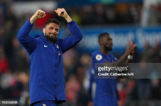 Olivier Giroud of Chelsea celebrates after the Premier League match between Swansea City and Chelsea at Liberty Stadium on April 28, 2018 in Swansea,...