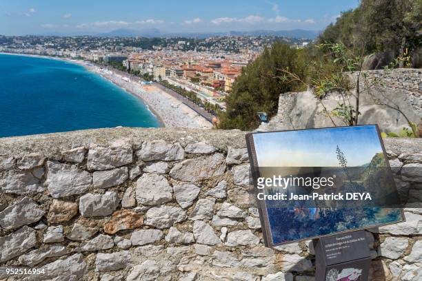 Vue depuis la Colline du Château de Nice, vieille ville 'Vieux Nice', Promenade des anglais, Baie des anges, 3 aout 2016, Nice, France.