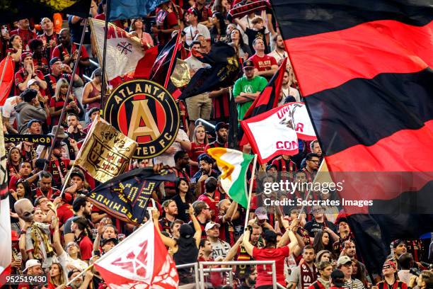 Atlanta United supporters during the match between Atlanta United FC v Montreal Impact at the Mercedes-Benz Stadium on April 28, 2018 in Atlanta...